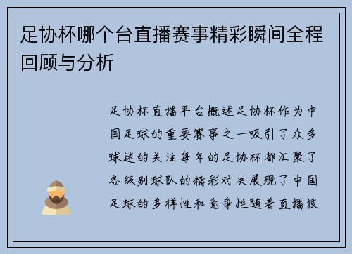 足协杯哪个台直播赛事精彩瞬间全程回顾与分析